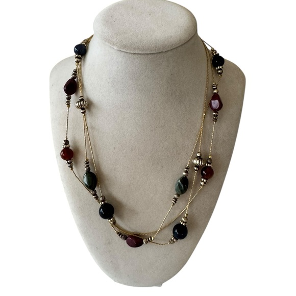 Source Unknown Jewelry - Women's Red Green Blue Beaded Gold Tone Necklace 2 Layer Y2K Boho Festival Party